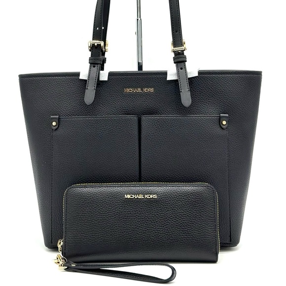 Michael Kors Jet Set Medium Pocket Tote Bag & Continental Wallet Wristlet Black - Picture 2 of 13
